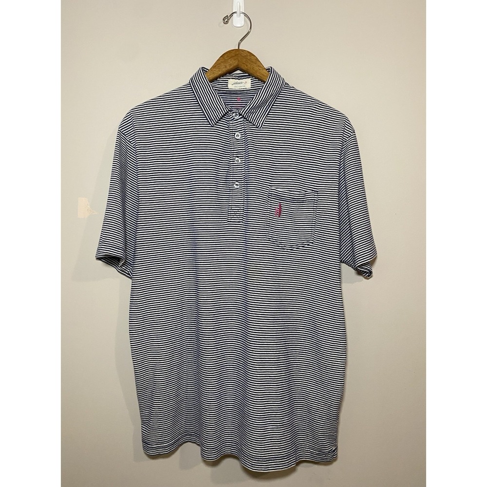 Johnnie-O Polo Mens LARGE Blue White Stripe Shirt Pink Embroidered Logo Pocket‎